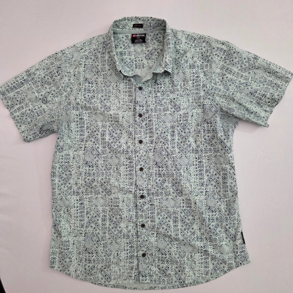 Sherpa Adventure Gear Mens Large Button Up Shirt Blue Print‎ UPF 50+